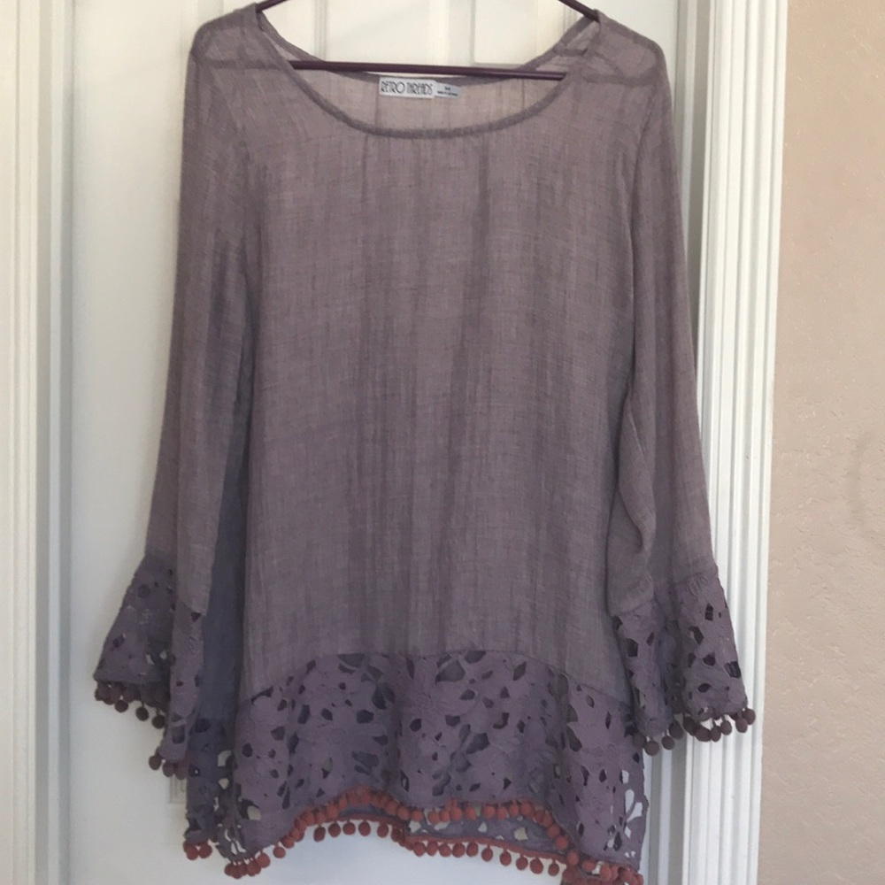 Retro Threads Lilac Long Sleeve Tunic Blouse Lace Pom Poms M